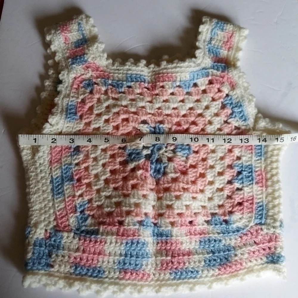 Vintage Y2K Blue Pink White Grannycore Granny Square Crocheted Crop Sweater … - Picture 9 of 12